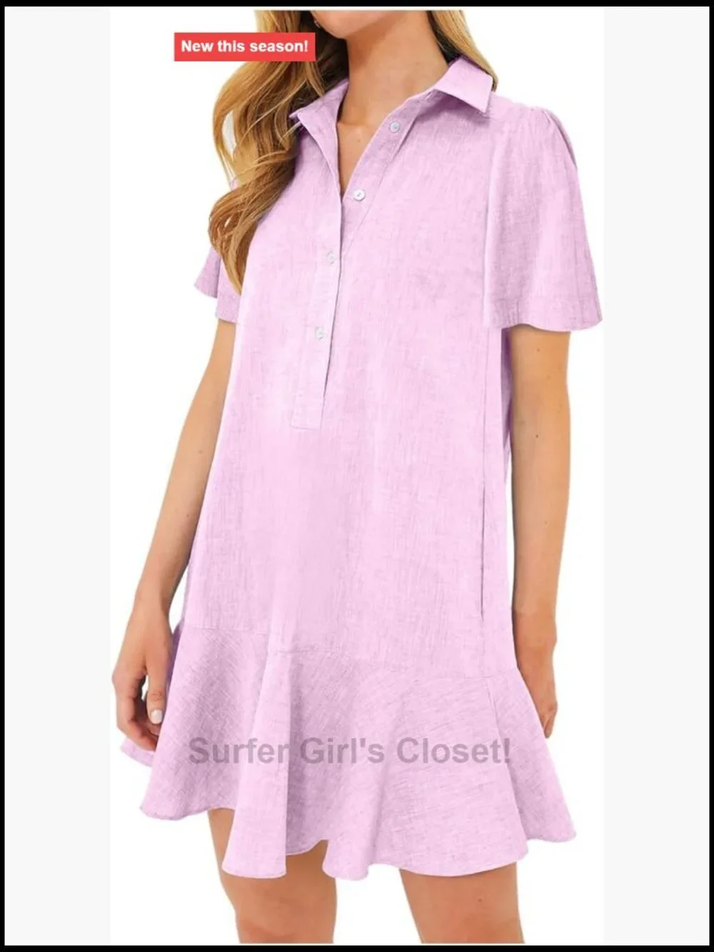 Women's Cotton Linen Short Sleeve Ruffle Hem Button Down Mini Shirt Dress